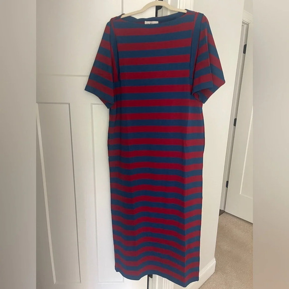 Tory Burch Logo-Belted Striped Midi-Dress Red Navy - Picture 4 of 10